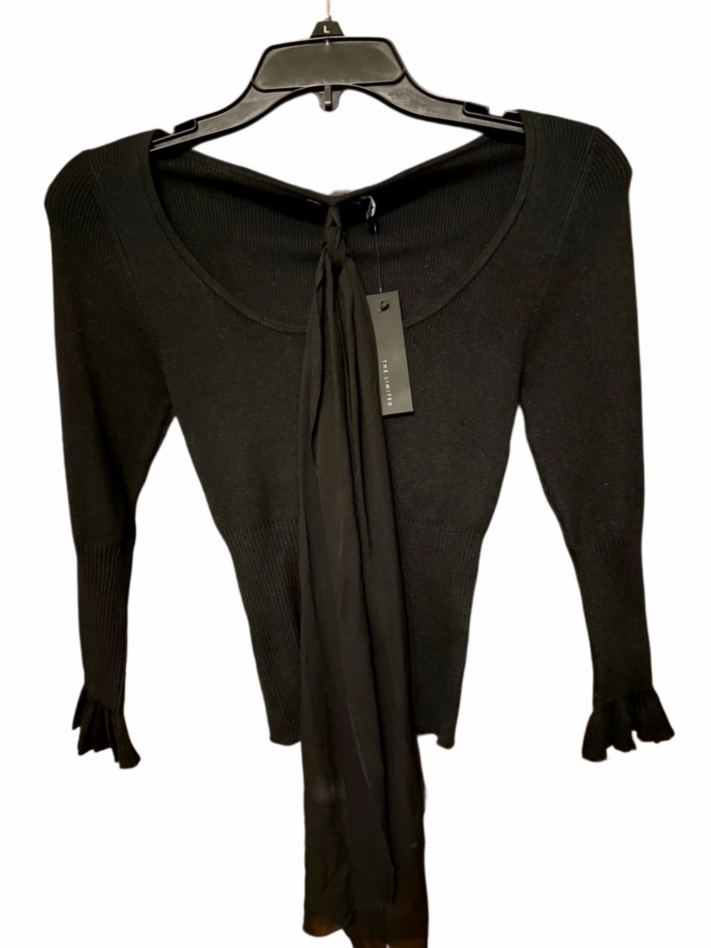 The Limited Black Ribbed Knit Top with separate scarf/belt and ruffle sleeves